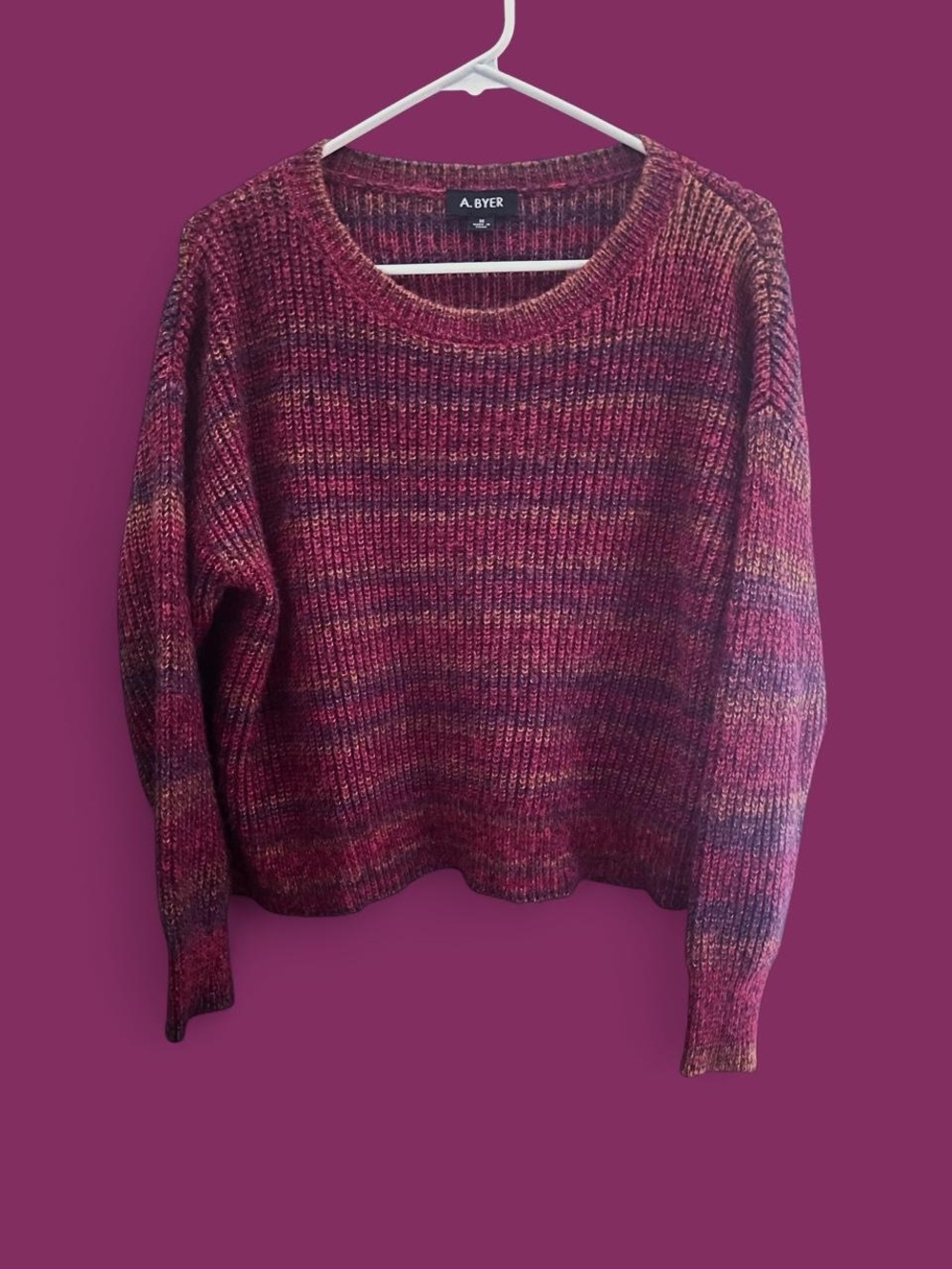 A. Byer Wine and Plum Striped Crewneck Knit Sweater Size M